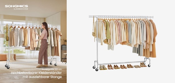 Songmics Kleiderständer für 29€ - ausziehbar, 110 kg belastbar, rollbar