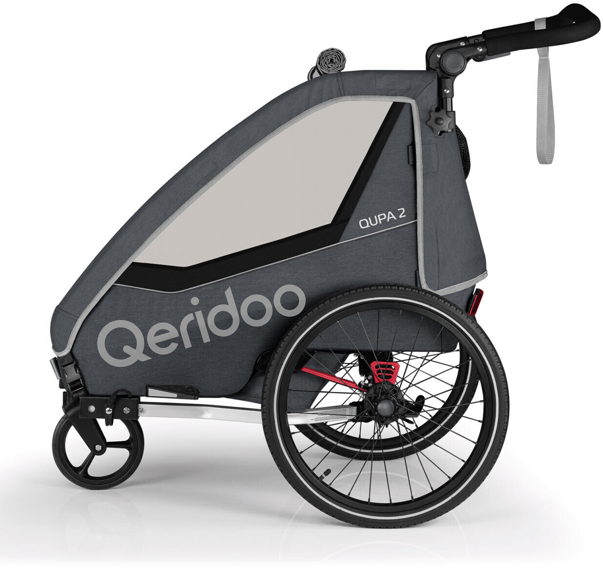 Qeridoo Qupa 2 für 274€ – grauer Fahrradanhänger, 360° drehbares Hartgummi-Buggyrad