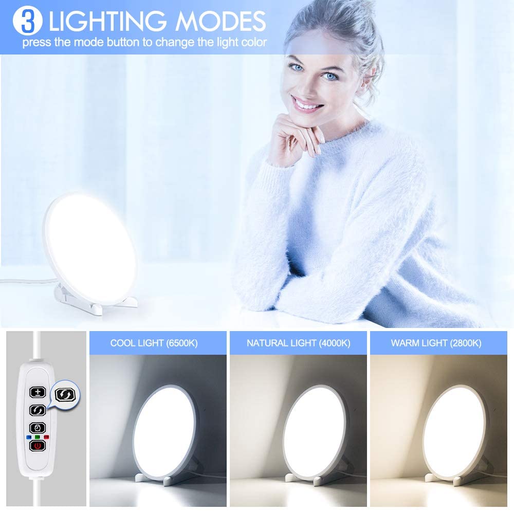 LED Lichttherapielampe 10000 Lux, Tageslichtlampe mit 3 Timer, 4 Helligkeitsstufen