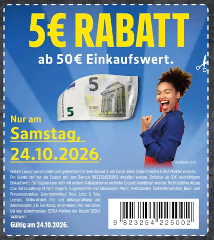 Edeka: 5 € Rabatt ab 50 € Einkauf (Südbayern)