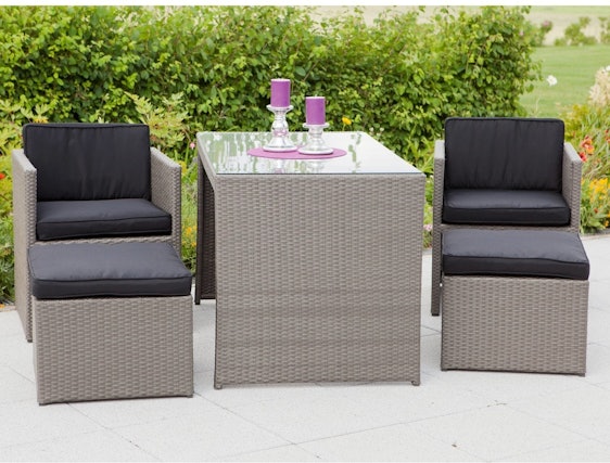 Merxx Merano Sitzgruppe für 270€ - 5-teiliges Balkonset aus Polyrattan, in Schwarz, mit Sitzkissen