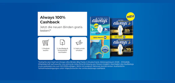 100% Cashback 🩸 Always Ultra Binden Big Packs GRATIS