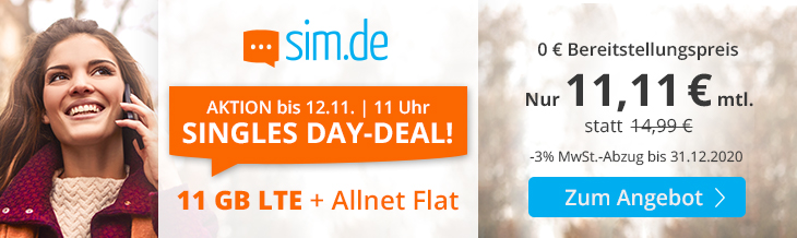 Singles' Day-Deal bei sim.de! 11GB LTE All für 11€ – 11GB LTE, SMS- &amp; Allnet-Flat, EU-Roaming