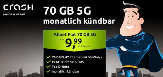 Tarif-Knaller von Crash! 🤙 70GB im 5G Vodafone-Netz für 9,99€ | monatlich kündbar