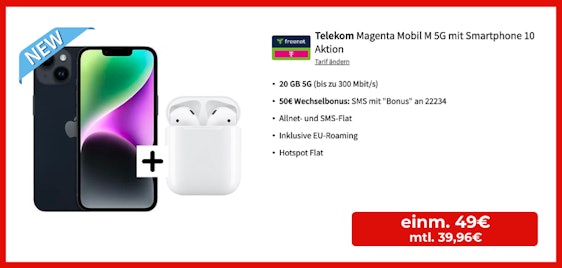 Apple Airpods + 50€ Wechselbonus! Apple iPhone 14 für 49€ + Telekom Magenta Mobil M für 39,96€/Monat - 25 GB LTE, Allnet- & SMS-Flat
