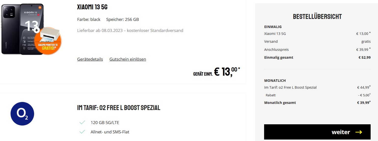 Xiaomi 13 5G (256 GB) + Xiaomi Instant Photo Printer 1S im o2 Free L Boost Spezial für 42€/Monat 😍 – 120GB 5G/LTE, Allnet- und SMS-Flat, EU-Roaming 