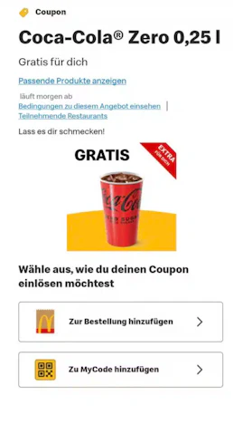 Gratis Coca Cola zero 0,25L oder Pommes mittel (McDonalds) - personalisiert