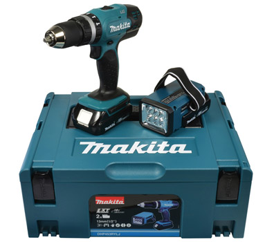 Makita DHP453 für 125€ - guter 18V Akku-Schlagbohrschrauber mit 2 x 1,5 Ah Akkus, Lampe und Makpac