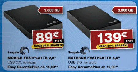 Seagate Expansion Portable 1TB 2,5" USB 3.0 für 74€ oder Expansion Desktop 3TB 3,5" für 124€