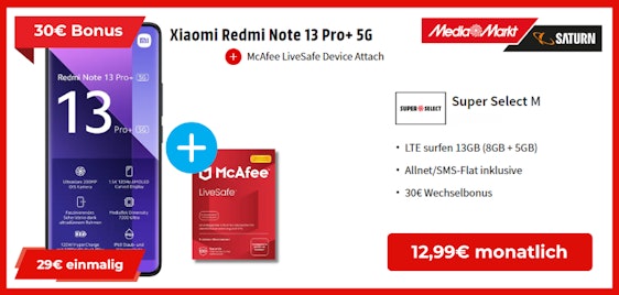 Effektis gratis! Xiaomi Redmi Note 13 Pro+ 5G & 1 Jahr McAfee für 29€ - mit 13 GB LTE Allnet-Flat für nur 12,99€/Monat