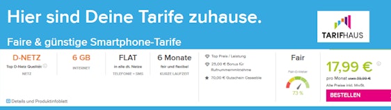 Neue Tarifhaus-Flat für 18€ / Monat - günstigster Tarif mit 6 Monaten Laufzeit und 6GB Datenvolumen im D-Netz