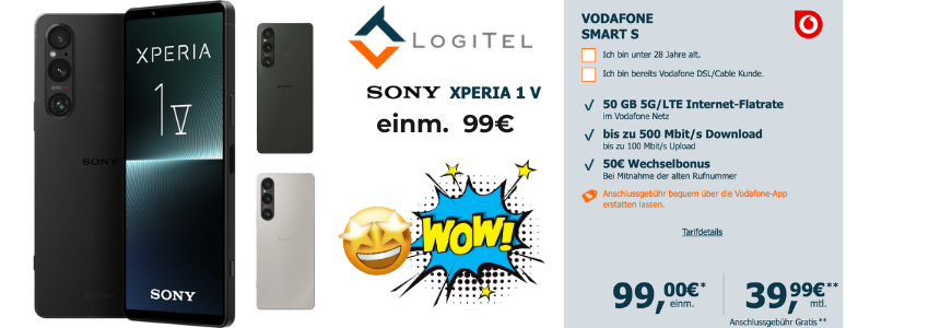 Rechnerisch gratis! 🤩 Sony XPERIA 1V für 99€ + Vodafone Smart für 39,99€ mtl. - 50 GB 5G/LTE, Allnet- &amp; SMS-Flat
