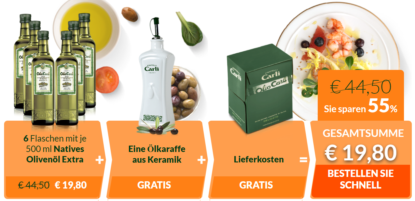 6x Fratelli Carli Olio Olivenöl (500ml) + Keramik-Ölflasche für 20€ – nur für Neukunden