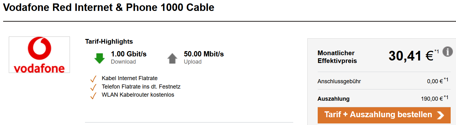 Vodafone DSL Internet &amp; Phone 1000 Cable ab 30€ im Monat - dank Auszahlung bei Logitel