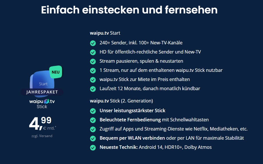 Waipu-TV-Start-Angebot-Streaming-Stick- WaipuTV Start: 1 Jahr Fernsehen + 4k Streaming-Stick nur 4,99€ monatlich