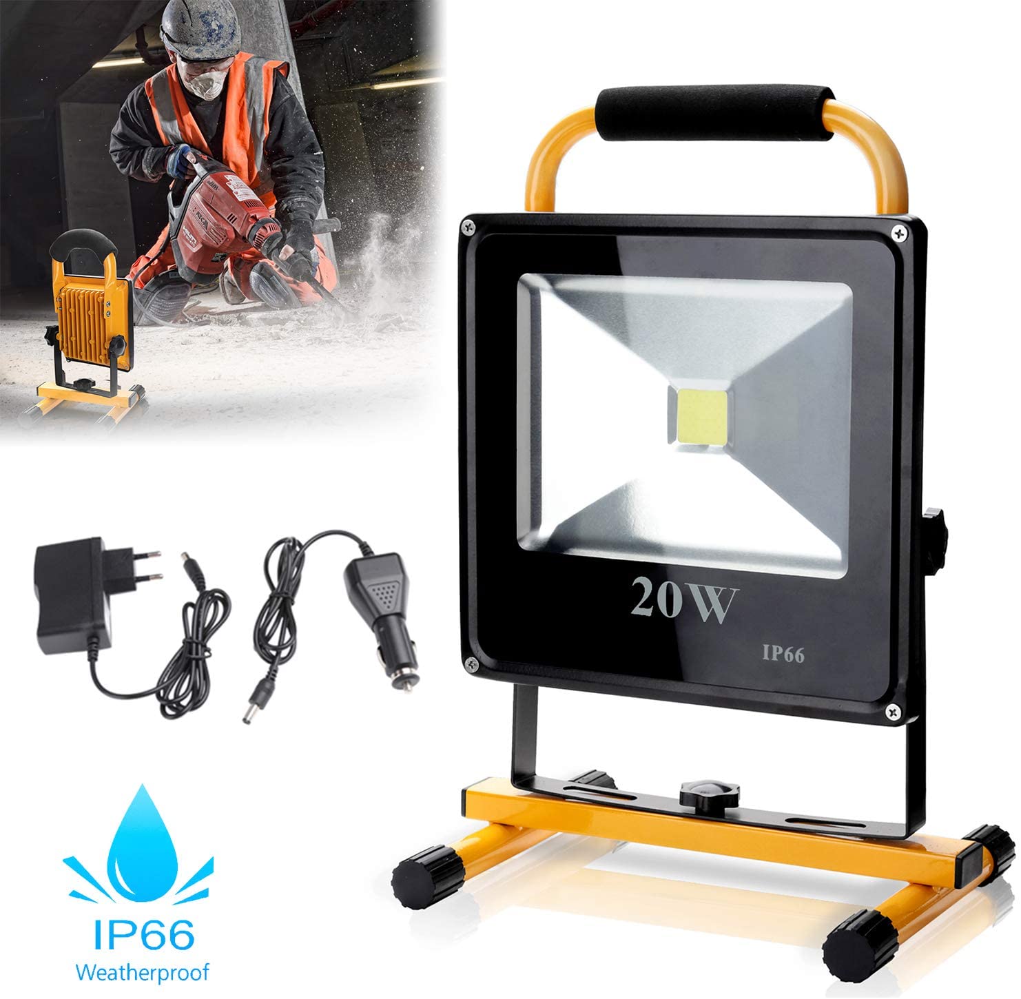 wolketon Mobiler Akku LED Baustrahler 20W 1800LM Kaltweiß,IP66, 6000K für Baustelle