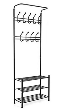 Garderobenständer Kleiderständer 3 Ablagefächer Schuhablagen mit 18 Garderobenhaken, Höhe 190cm, Breite 68cm, Tiefe 30cm, Schwarz