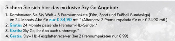 Sky HD Komplett inkl. aller Pakete und Sky go - Welt, Film, Sport, Bundesliga - für 34,90€ pro Monat