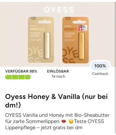 Marktguru: Oyess Honey und Vanilla gratis testen (nur bei dm)