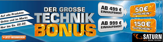Saturn Technikbonus - 50€ Gutschein ab 499€ oder 150€ Gutschein ab 999€ Einkauf gratis dazu