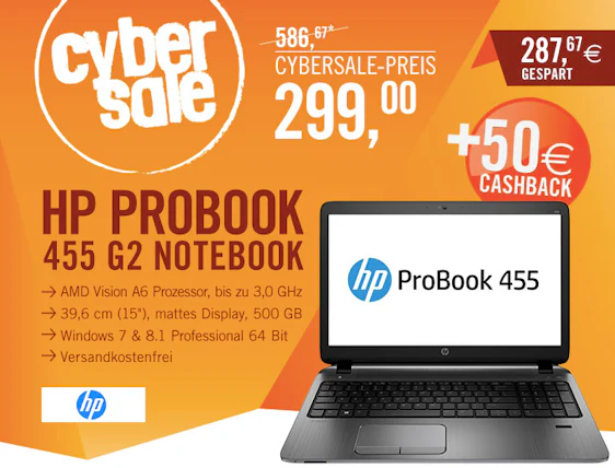 HP ProBook 455 G2 (2 x 2.2 GHz, 4GB RAM, 500GB HDD) für 249€ durch 50€ Cashback