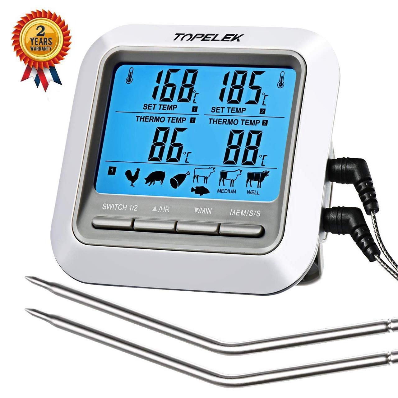 TOPELEK Grillthermometer Fleischthermometer 2 Sonden für 10,99 EUR