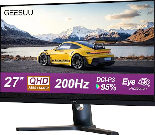 GEESUU Gaming Monitor 27 Zoll, QHD 1440p, 200Hz, 1ms, IPS Bildschirm, HDR, 95% DCI-P3, Adaptive-Sync, Eye Care, HDMI 2.1 & DP 1.4 für Gaming und Büro