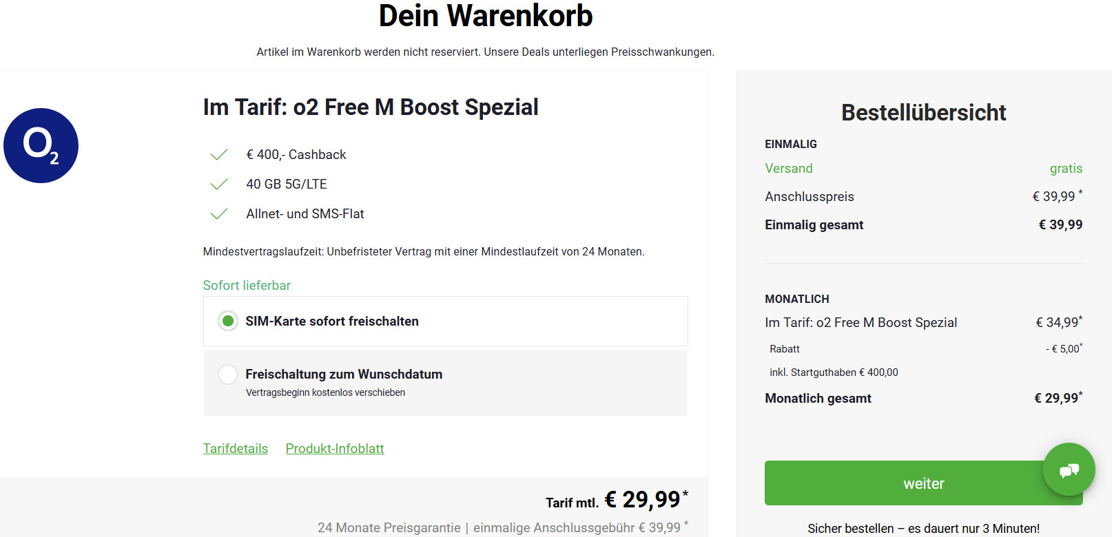 o2 Free M Boost Spezial für 30€/Monat bzw. 15€ mit 400€ Cashback – 40GB LTE Datenvolumen, Allnet- und SMS-Flat