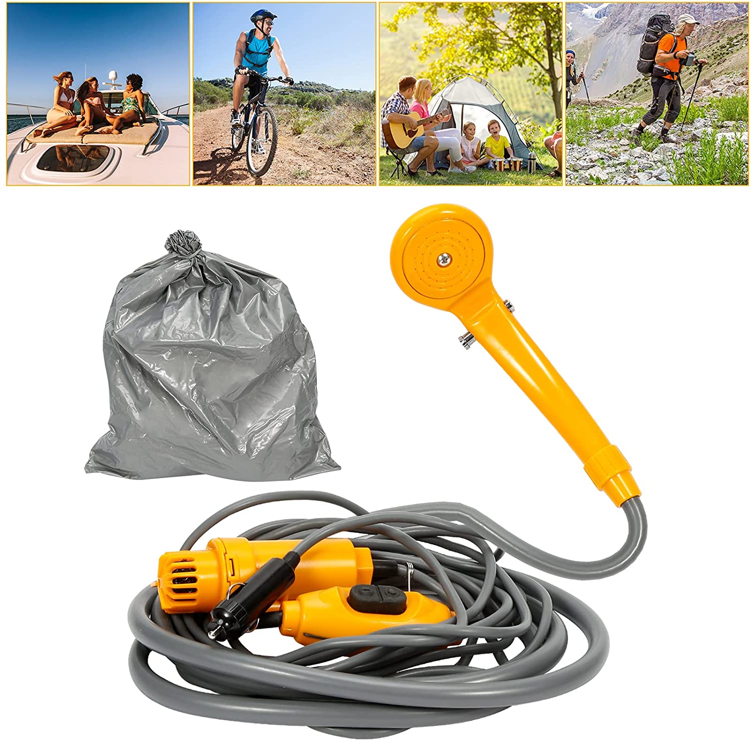 Einfeben 12V Campingdusche, Mit Duscheschlauch, Mit Haken und Saugnapf,Gelb