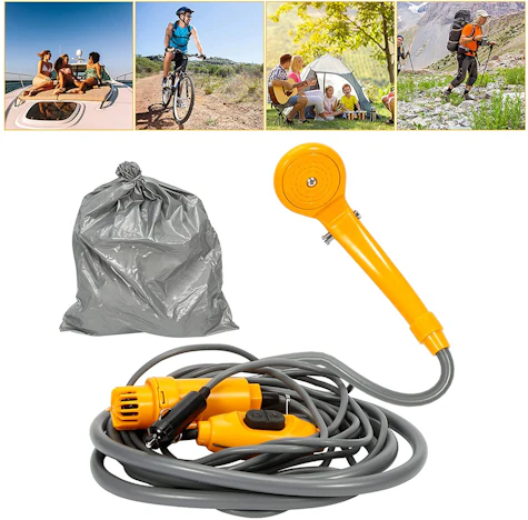 Einfeben 12V Campingdusche, Mit Duscheschlauch, Mit Haken und Saugnapf,Gelb