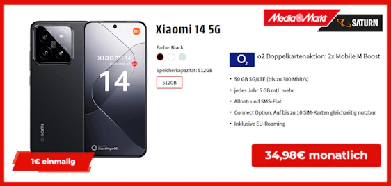 Xiaomi 14 5G für einmalig 1€ im 50 GB o2-Tarif für 34,98€/Monat (Doppelkarte) mit 5GB mehr pro Jahr
