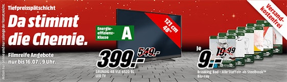 Tiefpreisspätschicht bei Media Markt - z.B. GRUNDIG 48VLE6520BL - Full HD, 48 Zoll LCD-Fernseher in Schwarz für 399€