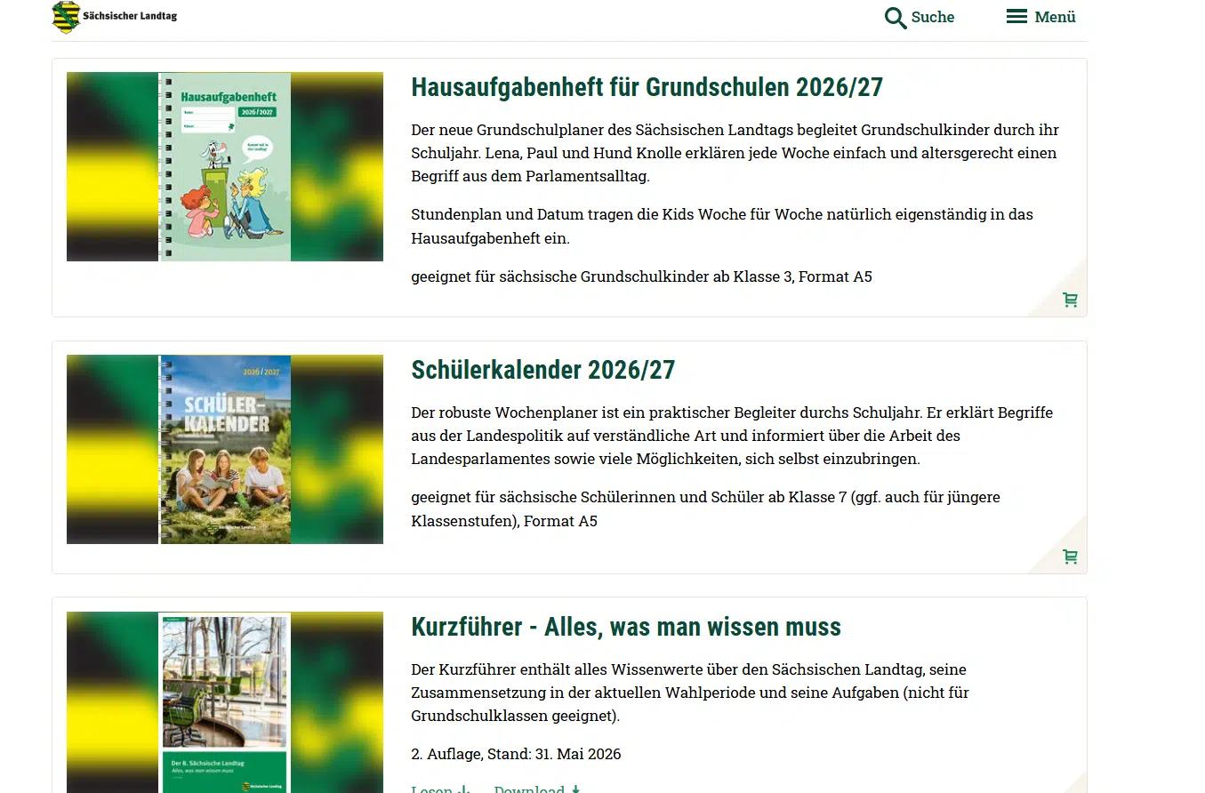 Gratis Schülerkalender 2026/2027, Hausaufgabenheft , Quizfächer ( Sächsischen Landtag ) bestellen