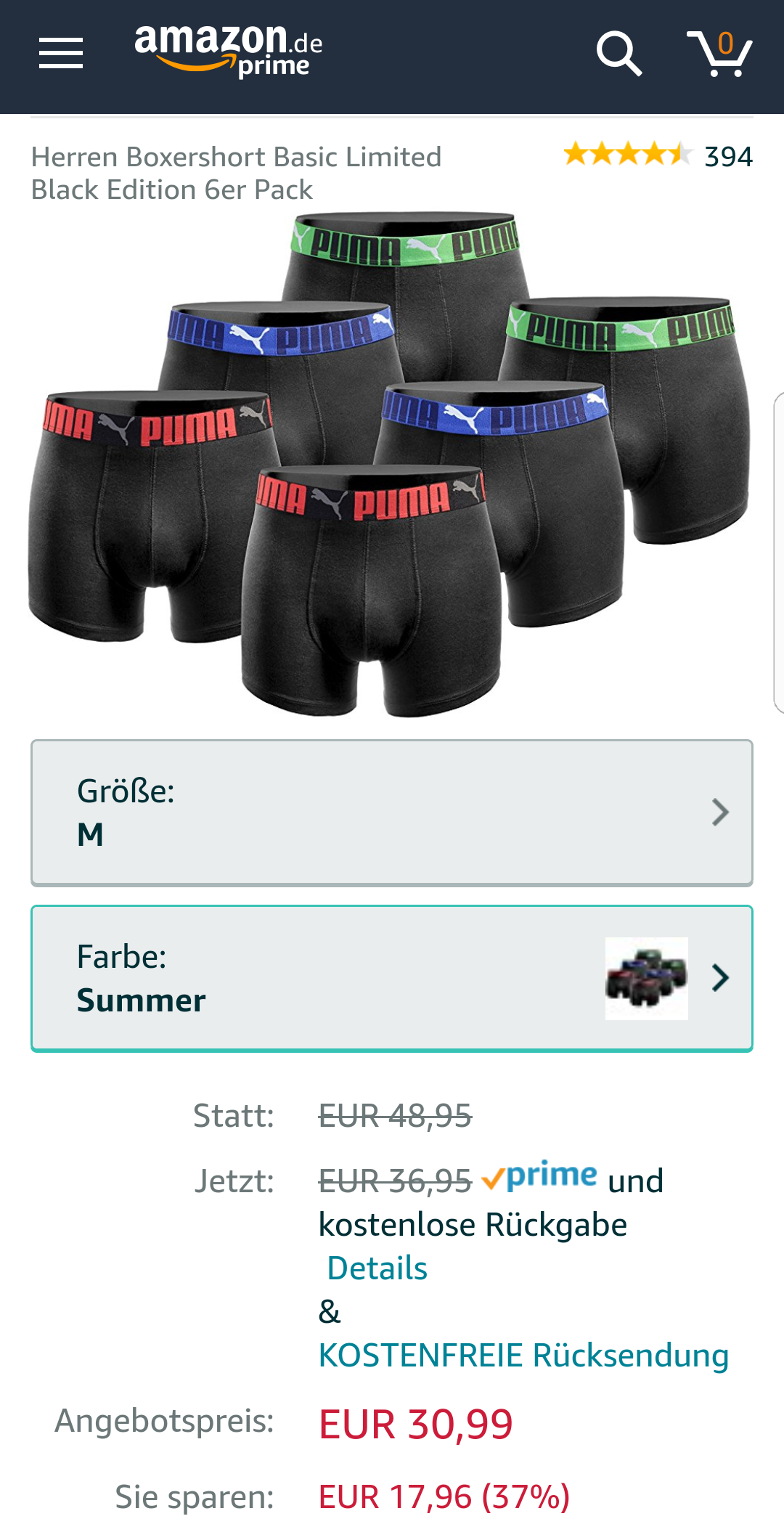 [Amazon-Blitzangebot] 6er Puma-Boxershorts in 5 verschiedenen Sets in den Größen M bis XL für 30,99 Euro
