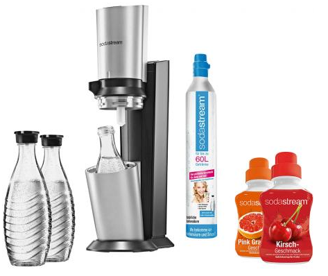 SodaStream Crystal für 90€ - mit 3 Glaskaraffen, 60L-CO2-Zylinder + 2x Sirup