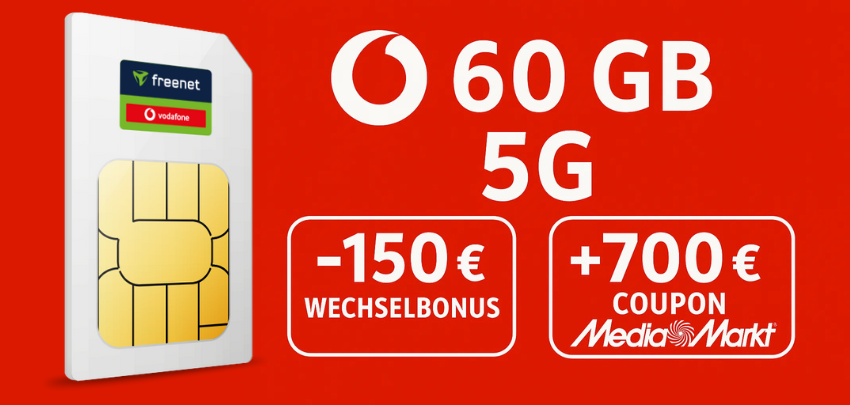 Tarif effektiv für nur 6,44€ 🔥 Vodafone Allnet Flat 60GB Spezial mit 150€ Wechselbonus &amp; 700€ Coupon