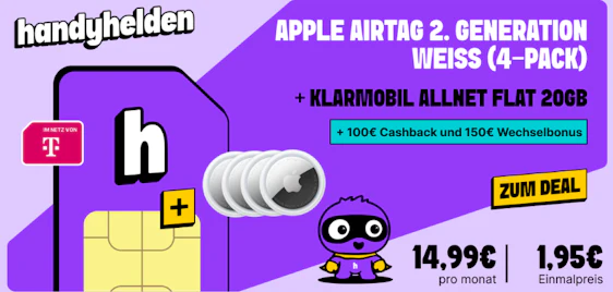 4x Apple Airtag + 20GB Telekom Allnet-Flat » nur 5,49€ mtl. dank 250€ BONUS 🤯