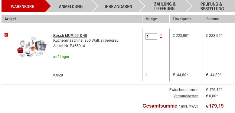 Bosch MUM56S40 Küchenmaschine Styline MUM5 für 179€ - 900 Watt, silber/grau