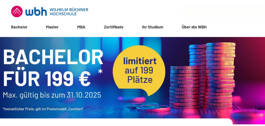 Bachelorstudium nur 199€ - Fernhochschule WBH, nur für die ersten Bewerber:innen