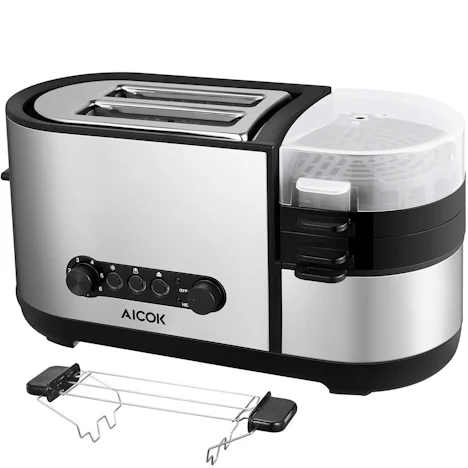 Edelstahl Toaster 3 in 1 mit brötchenaufsatz, 7 Bräunungsstufen, 1250 W