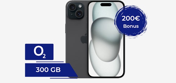 200€ Wechselbonus! 🤩 Apple iPhone 15 mit 300 GB 5G/LTE o2 Allnet für 34,99€ mtl. | Jedes Jahr 10 GB mtl. mehr 😍