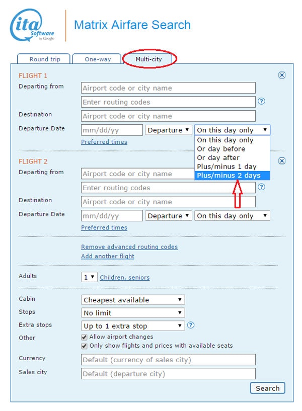 Gabelflug Suche mit der Matrix