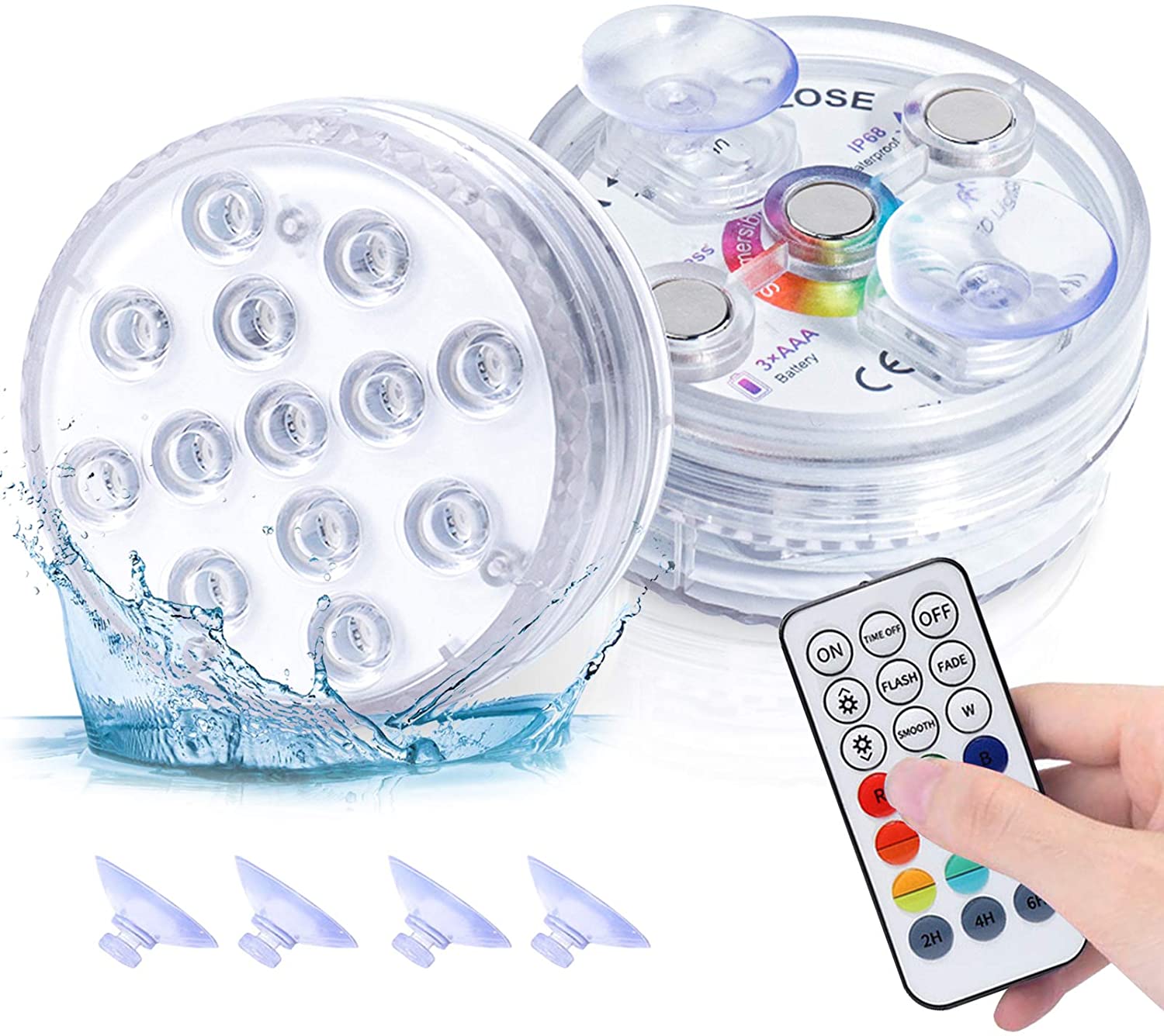 Hengda RGB-13-LED-Perlen Unterwasser Licht, mit RF-Fernbedienung Ausgestattet mit Magnet und Saugnapf, 2 Stück