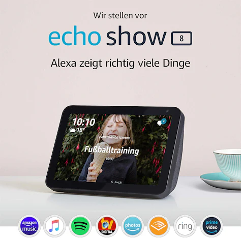 Echo Show 8 | Smart Display mit 8 Zoll großem HD-Bildschirm und Alexa, Anthrazit Stoff