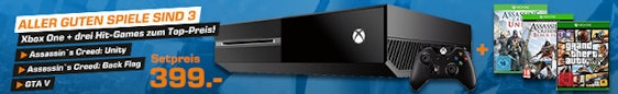 Xbox One Bundle für 401€ - mit Assassin's Creed: Unity + Black Flag + GTA V + Rayman Legends bei Amazon Spanien*UPDATE*