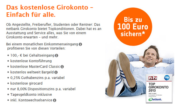 netbank Girokonto mit 100€ Prämie - dauerhaft beitragsfrei bei Gehaltseingang *UPDATE*