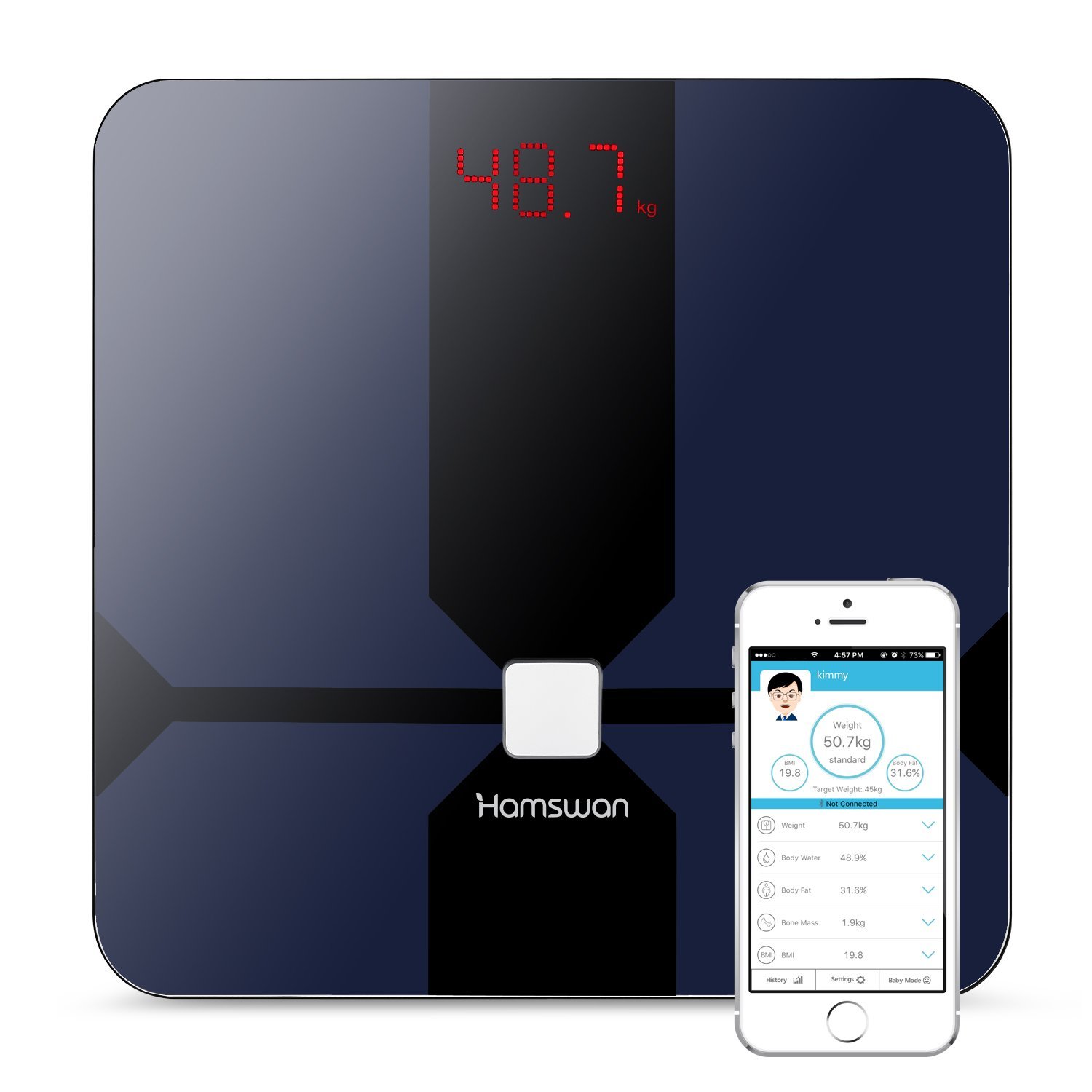 HAMSWAN Smart Personenwaage Bluetooth Körperfettwaage mit Multifunktionen von Gewicht 