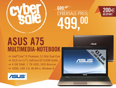 Asus A75VJ-TY111H für 499€ - 17" Notebook mit Core-i5, 4GB Ram, 1TB HDD und GeForce GT 635M