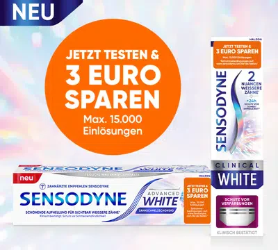 Teste Sensodyne und sichere dir 3 € Cashback auf Sensodyne Clinical White oder Advanced White mit Aktionssticker