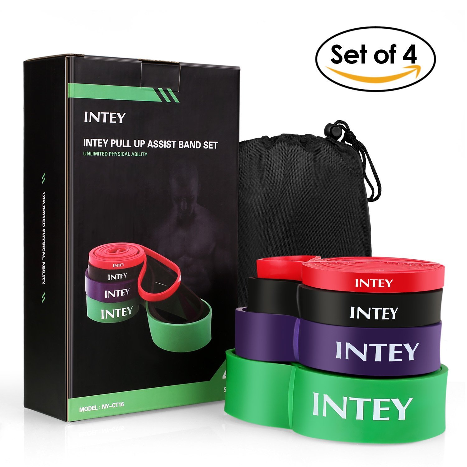 INTEY Fitnessbänder Set Premium Resistance Band aus Naturlatex in 4 verschiedenen Stärken